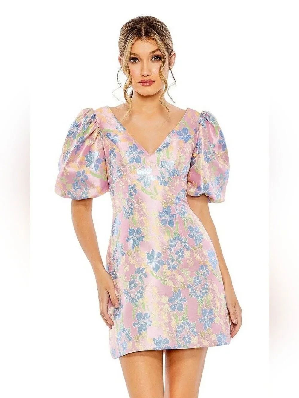 NWT Mac Duggal 49622 Puff Sleeve Floral Print Dress Size 4